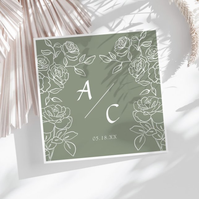 Serviette En Papier Élégant Vert olive Mariage Rose (Créateur téléchargé)