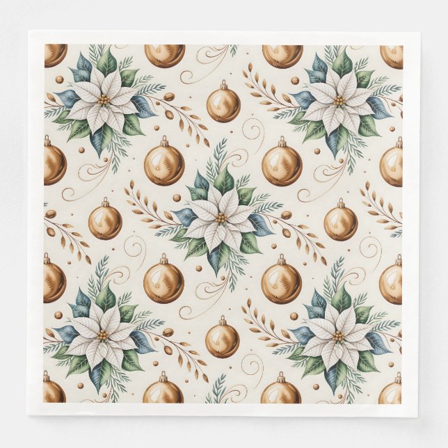 Serviette En Papier Élégant Vert Or Blanc Noël Motif Floral (Devant)