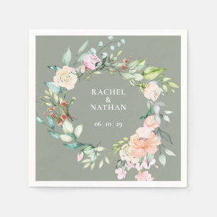 Serviette En Papier Élégant Vert Sauge Aquarelle Fleurs Mariage
