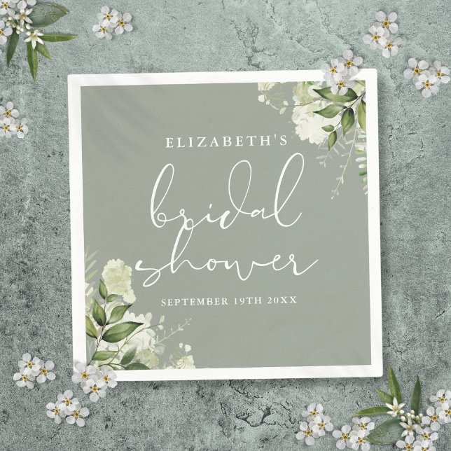 Serviette En Papier Élégant Vert Sauge Floral Mariage Baby Shower (Greenery Floral Elegant Sage Green Bridal Shower Napkins)