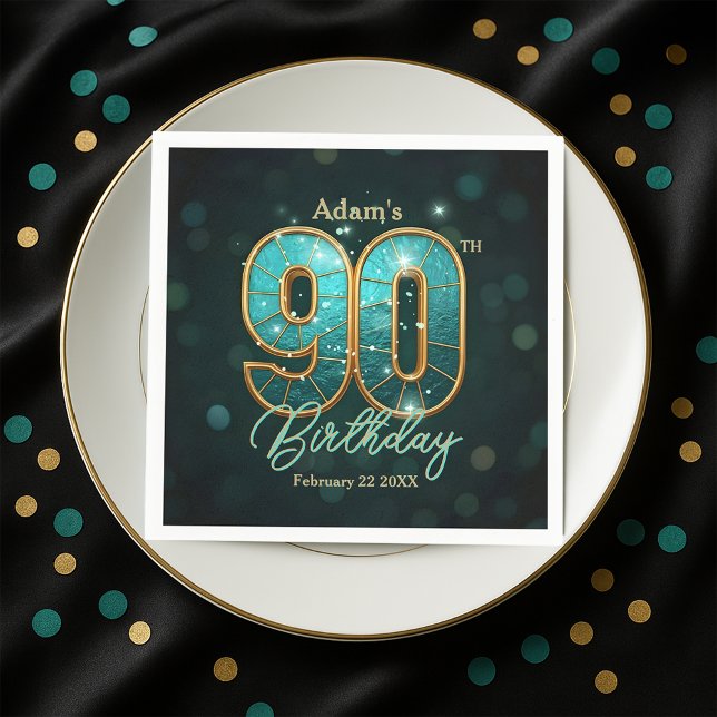 Serviette En Papier Elegant Vibrant Teal and Gold 90th Birthday (Créateur téléchargé)