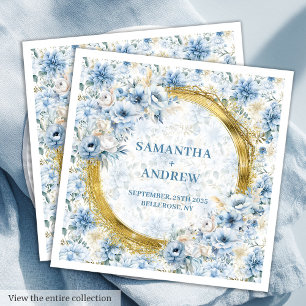 Serviette En Papier Élégant Vintage Dusty Blue Gold Sparkle Mariage