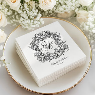 Serviette En Papier Élégant Vintage Monogram Crest Script Mariage