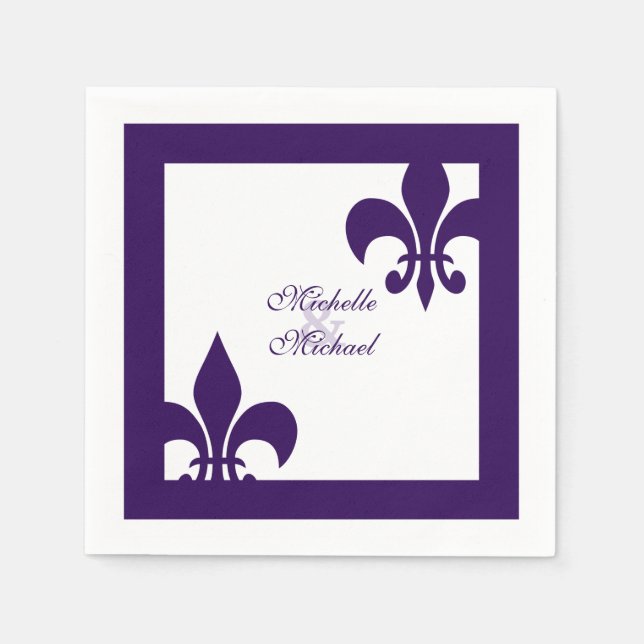 Serviette En Papier Élégant violet blanc Fleur de Lis Mariage (Devant)