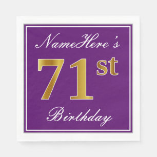 Serviette En Papier Élégant Violet, Doré Faux 71e Anniversaire + Nom