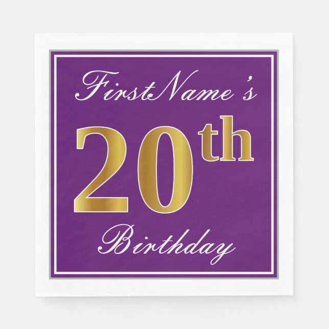 Serviette En Papier Élégant violet, Faux Gold 20e anniversaire + Nom (Devant)