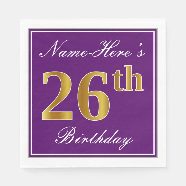 Serviette En Papier Élégant violet, Faux Gold 26ème anniversaire + Nom (Devant)