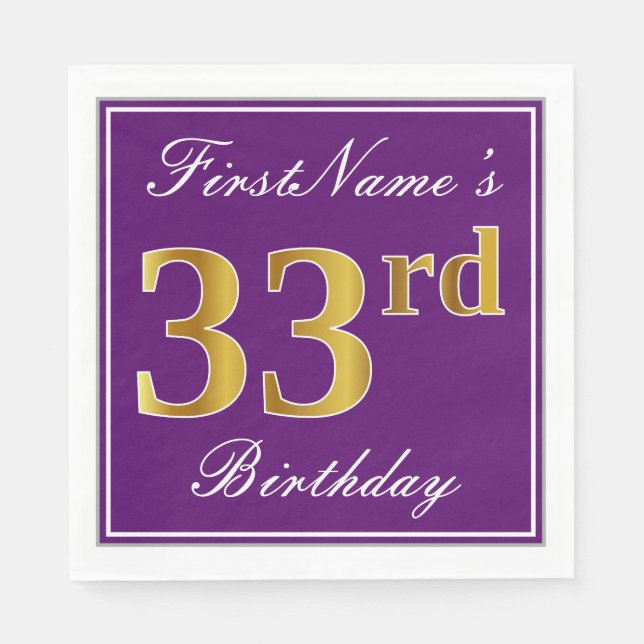 Serviette En Papier Elégant violet, Faux Gold 33ème anniversaire + Nom (Devant)