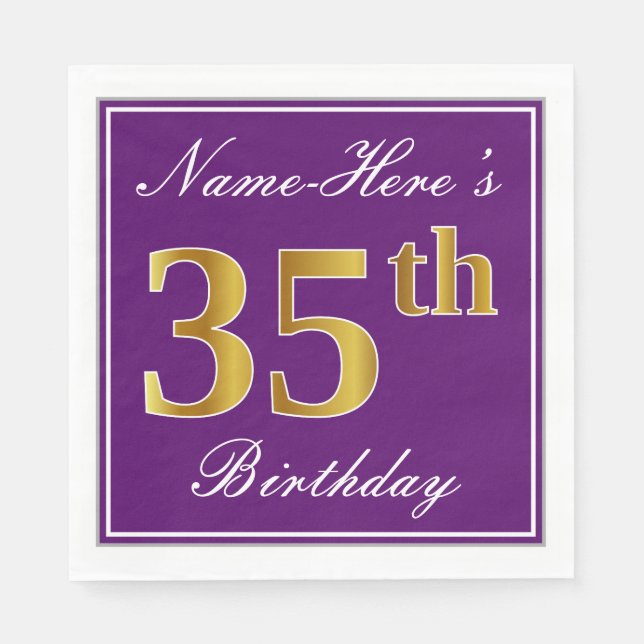 Serviette En Papier Elégant violet, Faux Gold 35ème anniversaire + Nom (Devant)