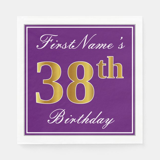 Serviette En Papier Elégant violet, Faux Gold 38ème anniversaire + Nom (Devant)