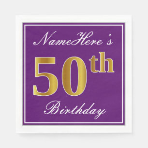 Serviette En Papier Elégant violet, Faux Gold 50e anniversaire + Nom