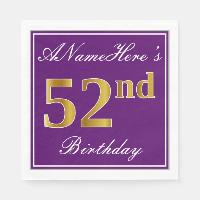 Serviette En Papier Élégant violet, Faux Gold 52e anniversaire + Nom (Devant)