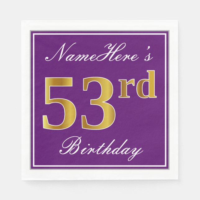 Serviette En Papier Élégant violet, Faux Gold 53ème anniversaire + Nom (Devant)
