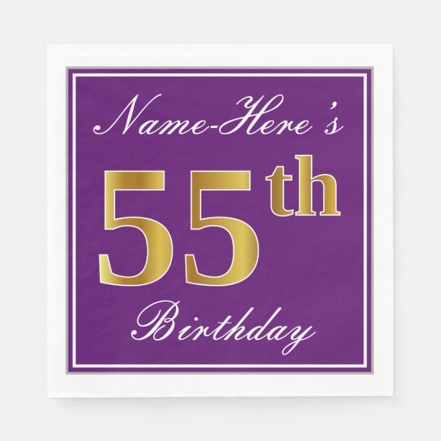 Serviette En Papier Elégant violet, Faux Gold 55ème anniversaire + Nom (Devant)