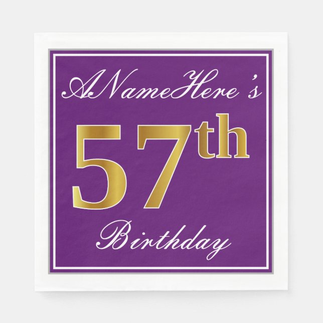 Serviette En Papier Elégant violet, Faux Gold 57ème anniversaire + Nom (Devant)