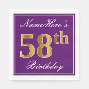 Serviette En Papier Elégant violet, Faux Gold 58ème anniversaire + Nom