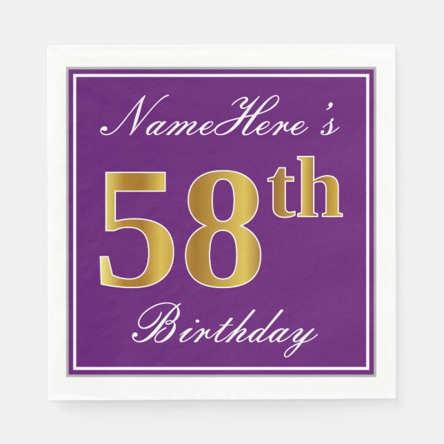 Serviette En Papier Elégant violet, Faux Gold 58ème anniversaire + Nom (Devant)