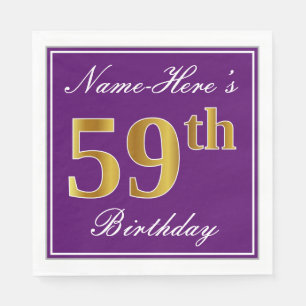 Serviette En Papier Élégant violet, Faux Gold 59e anniversaire + Nom