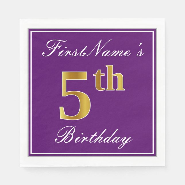 Serviette En Papier Élégant violet, Faux Gold 5e anniversaire + nom (Devant)