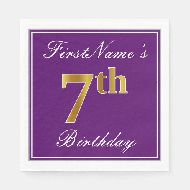 Serviette En Papier Élégant violet, Faux Gold 7ème anniversaire + Nom (Devant)