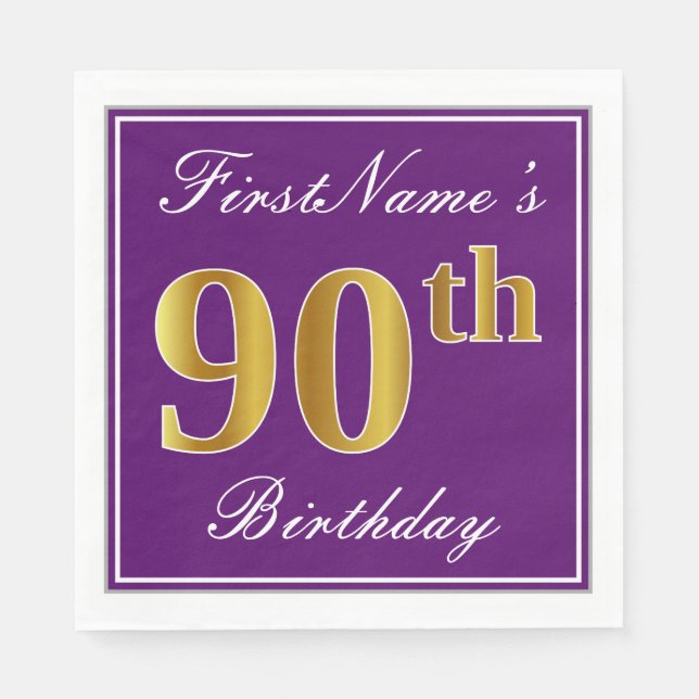 Serviette En Papier Elégant violet, Faux Gold 90e anniversaire + Nom (Devant)