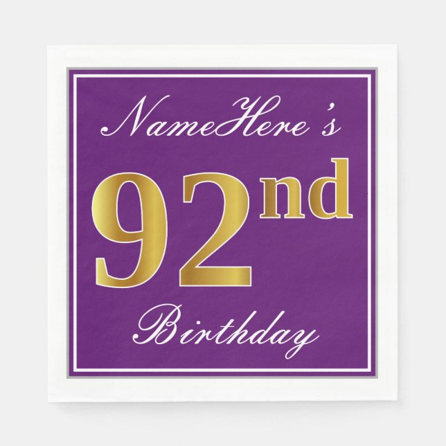 Serviette En Papier Élégant violet, Faux Gold 92e anniversaire + nom (Devant)
