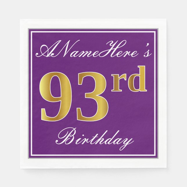 Serviette En Papier Elégant violet, Faux Gold 93ème anniversaire + Nom (Devant)