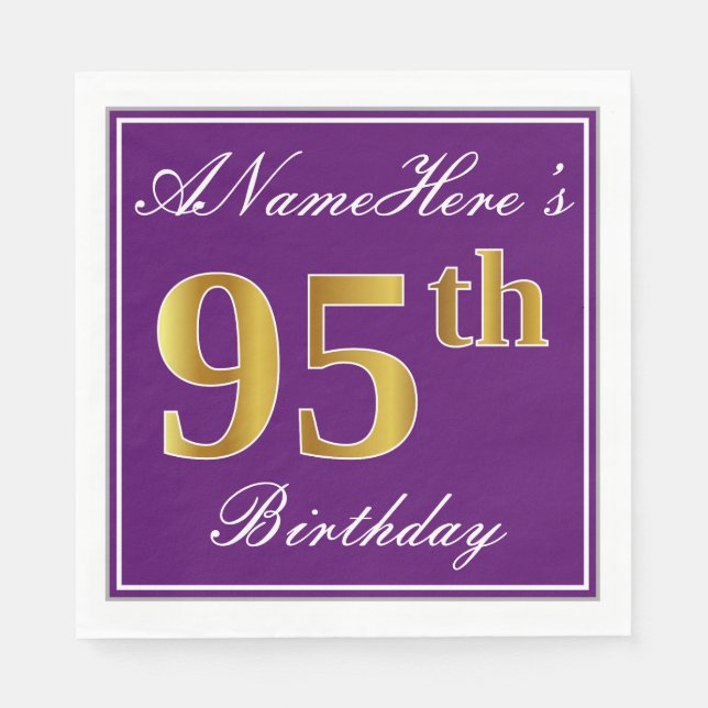 Serviette En Papier Elégant violet, Faux Gold 95ème anniversaire + Nom (Devant)