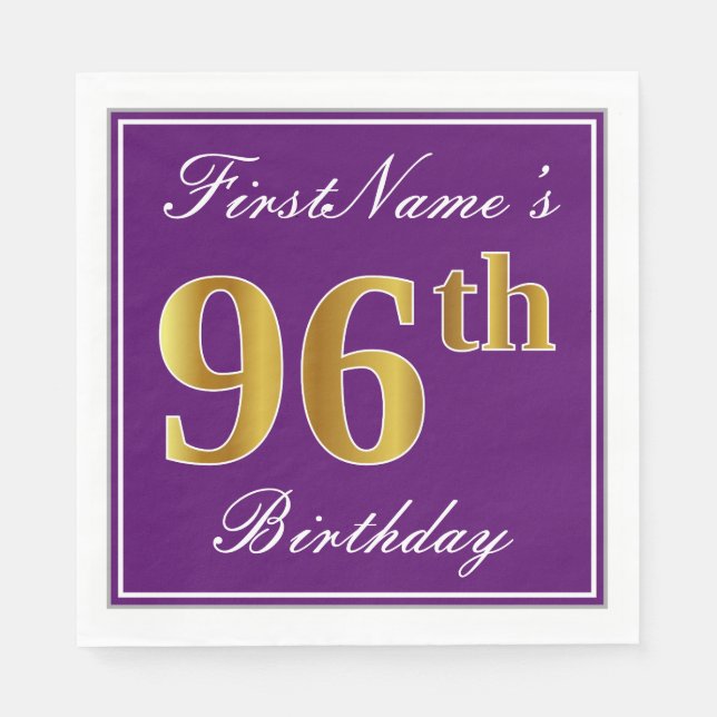 Serviette En Papier Elégant violet, Faux Gold 96ème anniversaire + Nom (Devant)