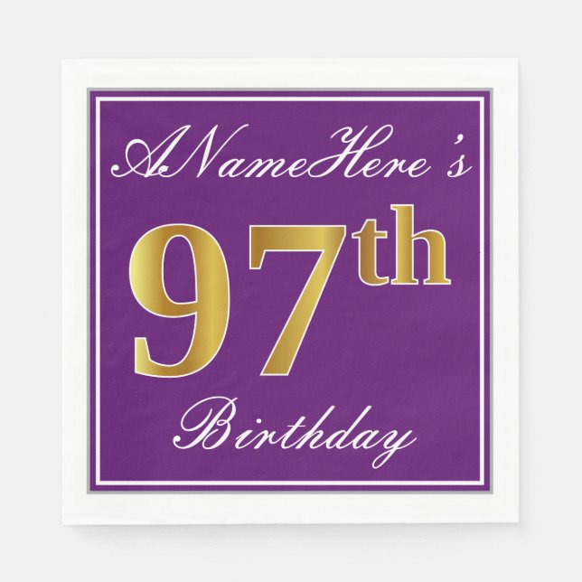 Serviette En Papier Elégant violet, Faux Gold 97ème anniversaire + Nom (Devant)