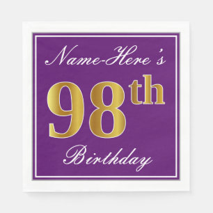 Serviette En Papier Elégant violet, Faux Gold 98ème anniversaire + Nom