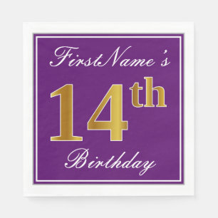 Serviette En Papier Elégant violet, Faux Or 14ème anniversaire + Nom