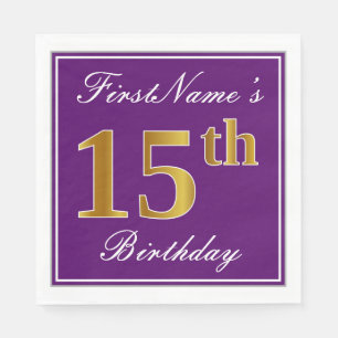 Serviette En Papier Elégant violet, Faux Or 15ème anniversaire + Nom