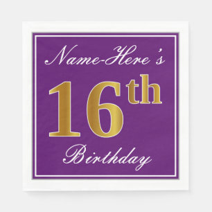 Serviette En Papier Elégant violet, Faux Or 16ème anniversaire + Nom