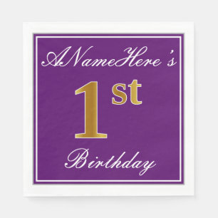 Serviette En Papier Élégant violet, Faux Or 1er anniversaire + Nom