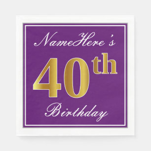 Serviette En Papier Elégant violet, Faux Or 40ème anniversaire + Nom