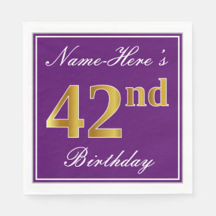 Serviette En Papier Élégant violet, Faux Or 42ème anniversaire + Nom