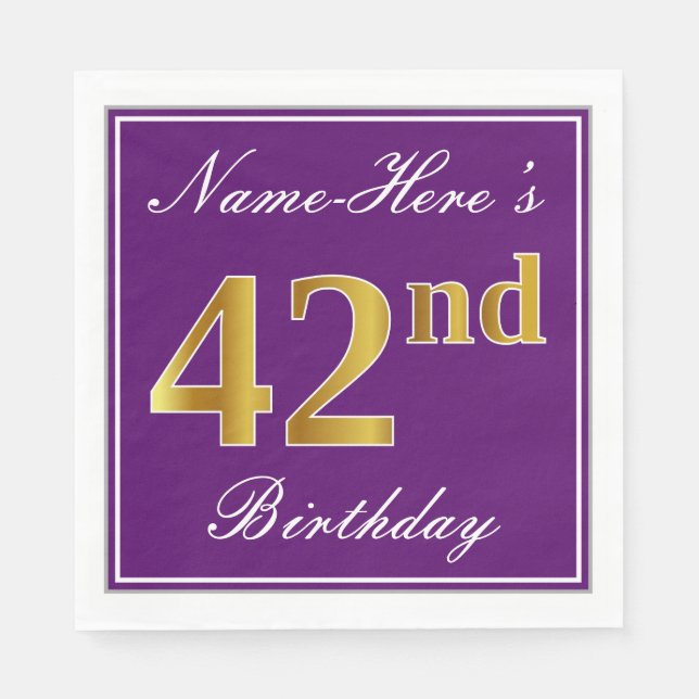 Serviette En Papier Élégant violet, Faux Or 42ème anniversaire + Nom (Devant)