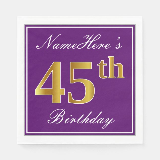 Serviette En Papier Elégant violet, Faux Or 45ème anniversaire + Nom (Devant)