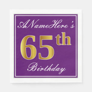 Serviette En Papier Élégant violet, Faux Or 65ème anniversaire + Nom