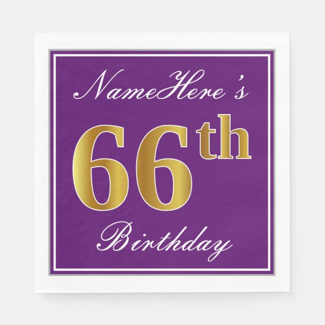 Serviette En Papier Élégant violet, Faux Or 66ème anniversaire + Nom (Devant)