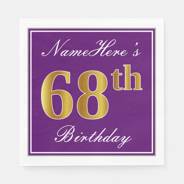 Serviette En Papier Élégant violet, Faux Or 68ème anniversaire + Nom (Devant)