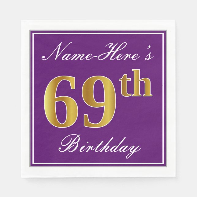 Serviette En Papier Élégant violet, Faux Or 69ème anniversaire + Nom (Devant)