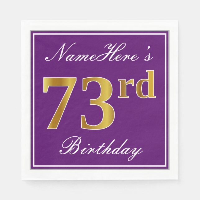 Serviette En Papier Élégant violet, Faux Or 73ème anniversaire + Nom (Devant)