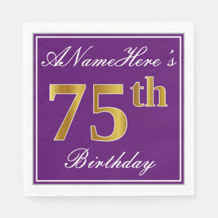 Serviette En Papier Élégant violet, Faux Or 75ème anniversaire + Nom