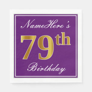 Serviette En Papier Élégant violet, Faux Or 79ème anniversaire + Nom