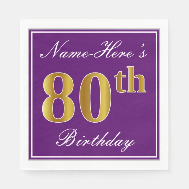 Serviette En Papier Elégant violet, Faux Or 80ème anniversaire + Nom (Devant)