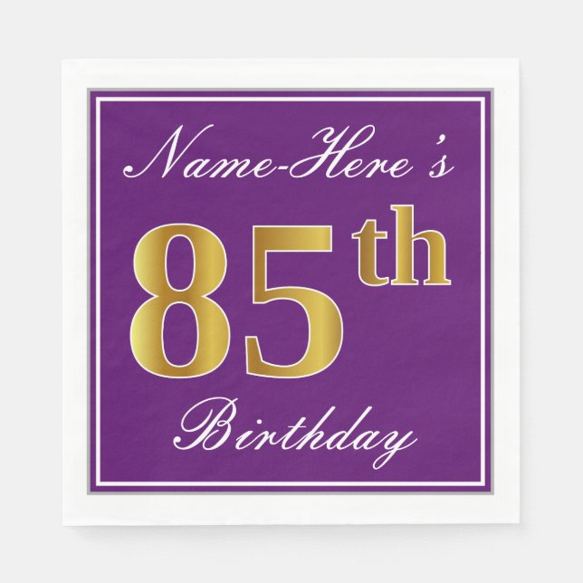 Serviette En Papier Elégant violet, Faux Or 85ème anniversaire + Nom (Devant)