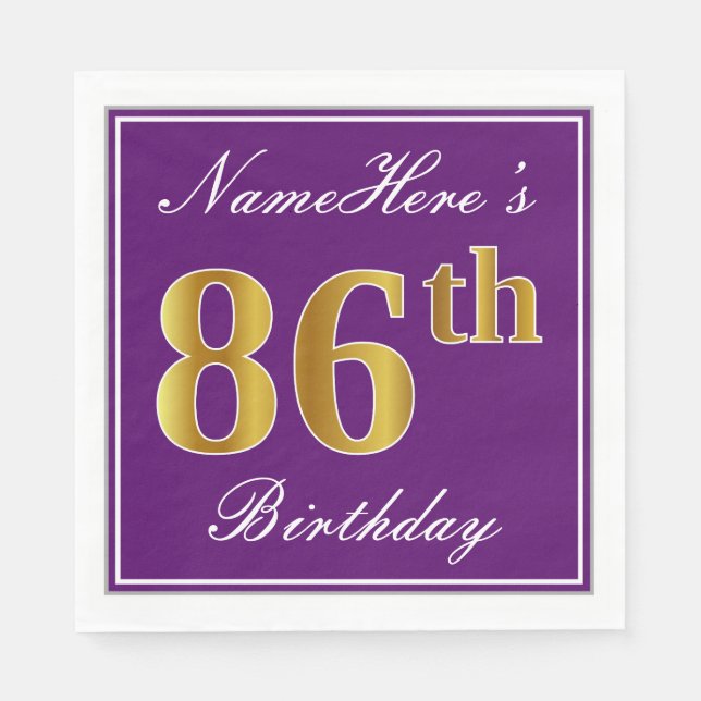 Serviette En Papier Elégant violet, Faux Or 86ème anniversaire + Nom (Devant)