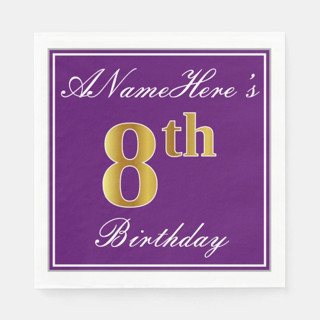 Serviette En Papier Elégant violet, Faux or 8ème anniversaire + Nom (Devant)